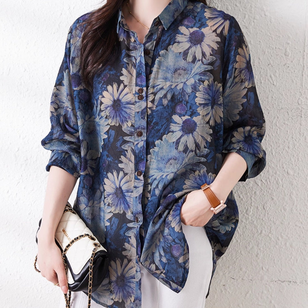 Plus Size Women's Long Sleeve Printed Shirt with Notched Collar and Loose Fit