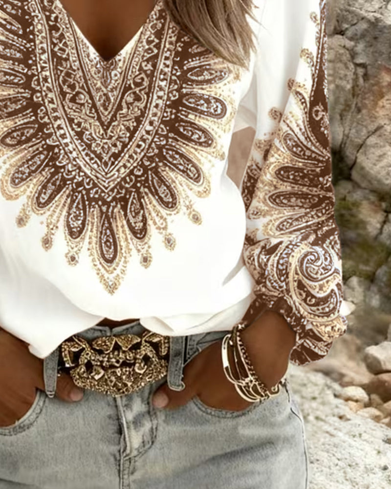 Karen Top with V-Neck and Retro Print - Elena Harper