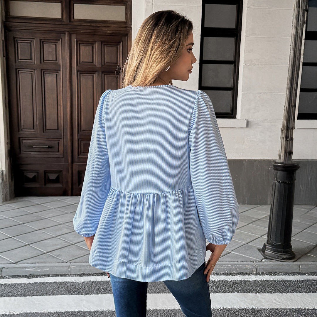 Women’s Long Sleeve Striped Shirt with Front Knot and Lantern Sleeves