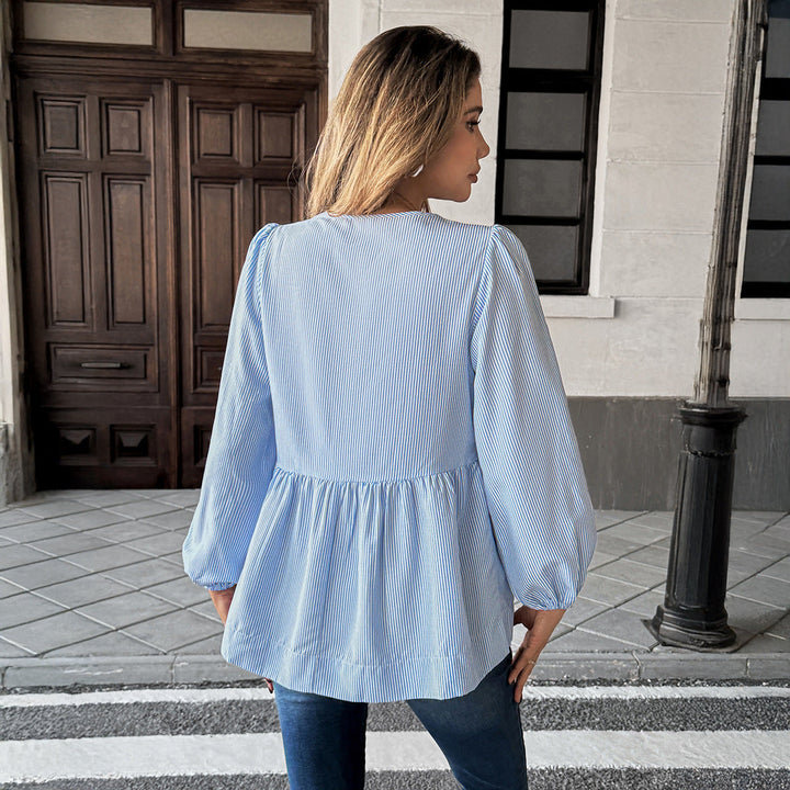 Women’s Long Sleeve Striped Shirt with Front Knot and Lantern Sleeves