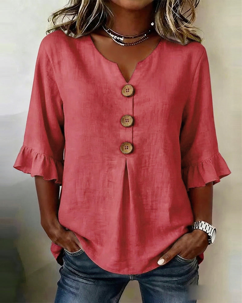 Janet V-Neck Blouse with Wooden Buttons and Ruffled Sleeves - Elena Harper