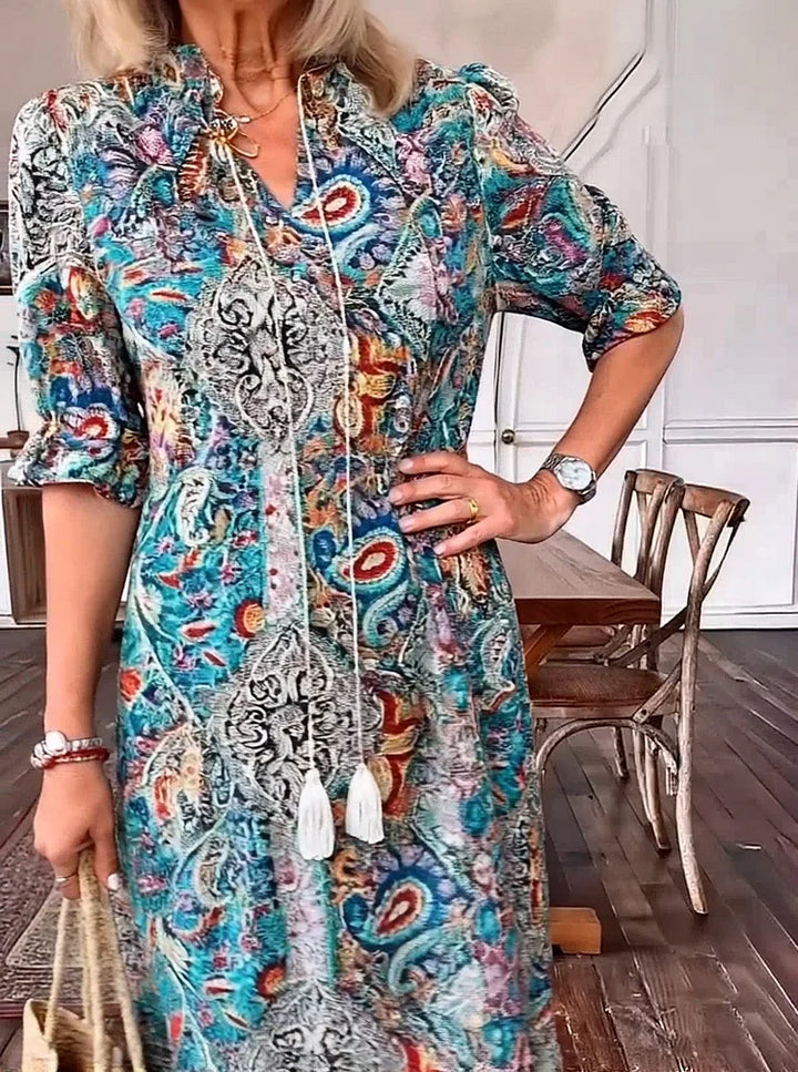 Carolette Boho Drawstring Neck Maxi Dress - Elena Harper