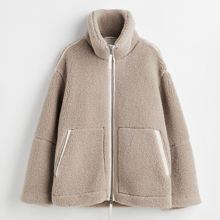 Loose Front-Zip Plush Coat for Women with Structured Lapel - Eirene
