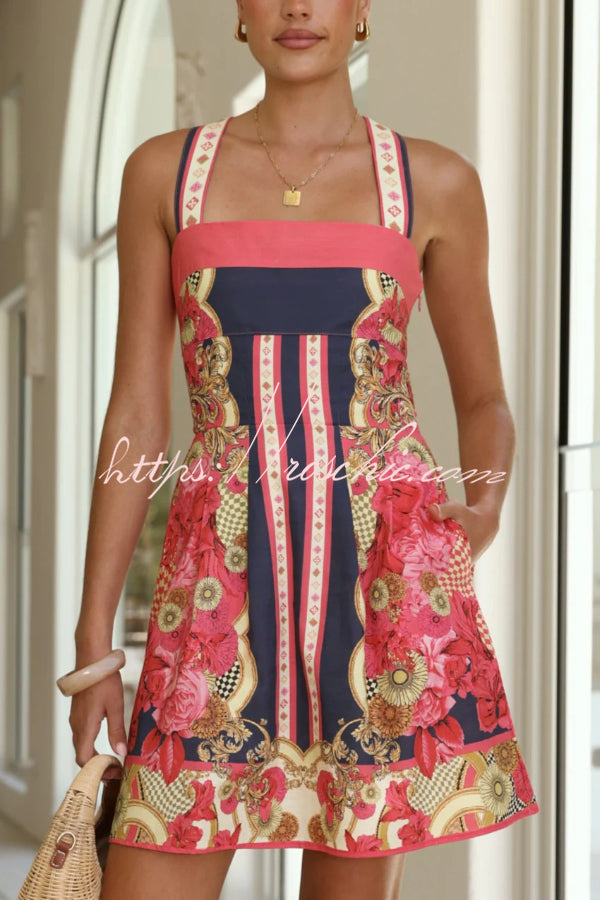 Unique Print Square Neck Sleeveless Casual Pocket Mini Dress, view 4 - Elena Harper