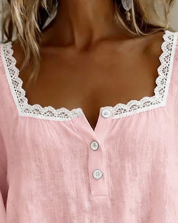 Lace Blouse with Square Neck and Puff Sleeves for Women