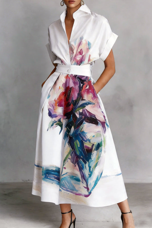 Fashionable Art Print Collared Short Sleeve Casual Pocket Midi Dress - Elena Harper