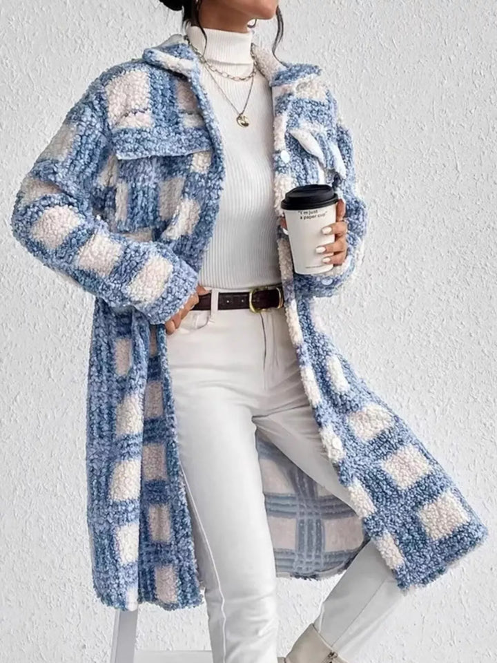 Long bouclé fabric coat with design for women Sereane, view 2 - Elena Harper
