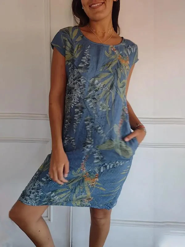 Printed summer dress in cotton and linen for women with pockets - Elena Harper
