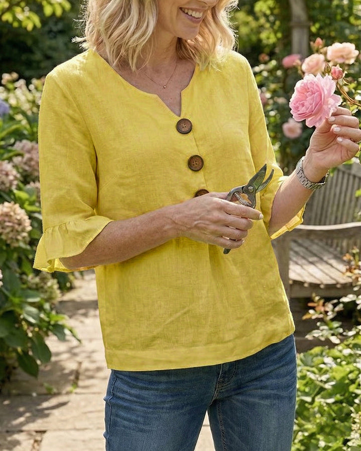 Janet V-Neck Blouse with Wooden Buttons and Ruffled Sleeves - Elena Harper