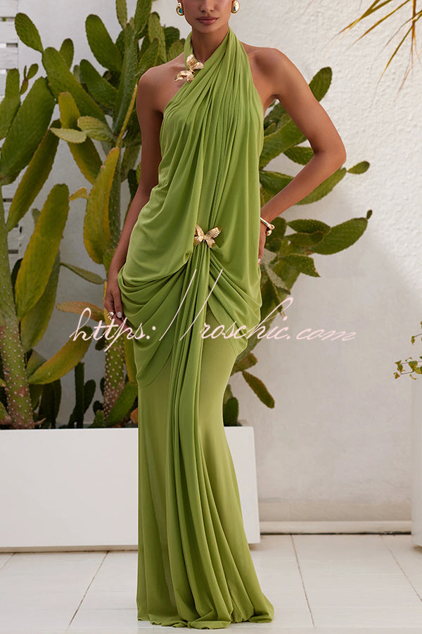 Touch of Drama Mesh Butterfly Metal Clips One Shoulder Backless Maxi Dress - Elena Harper