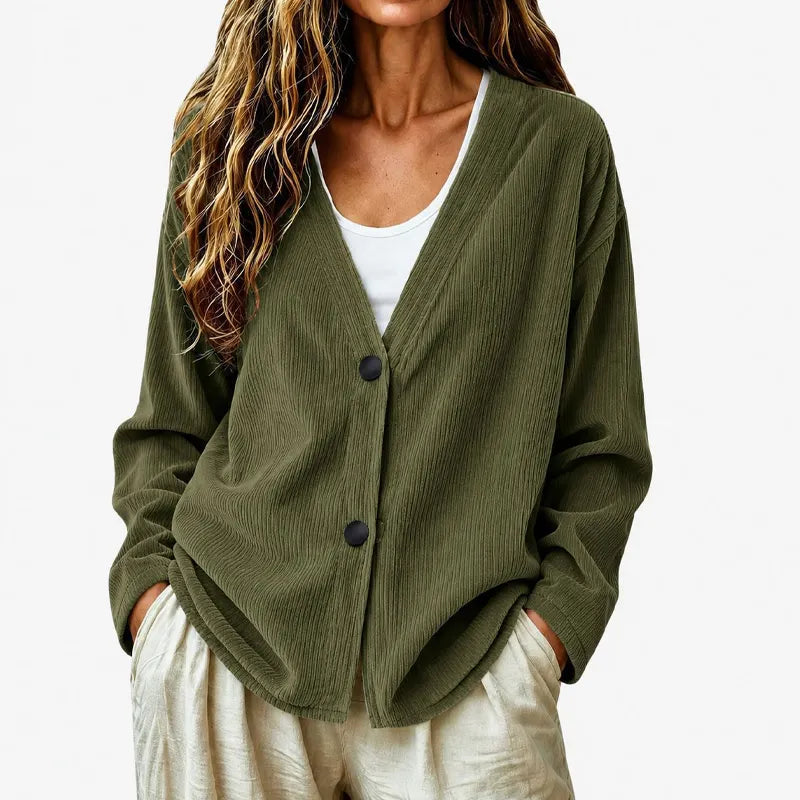 Women's Ribbed Buttoned V-Neck Cardigan, view 6 - Elena Harper