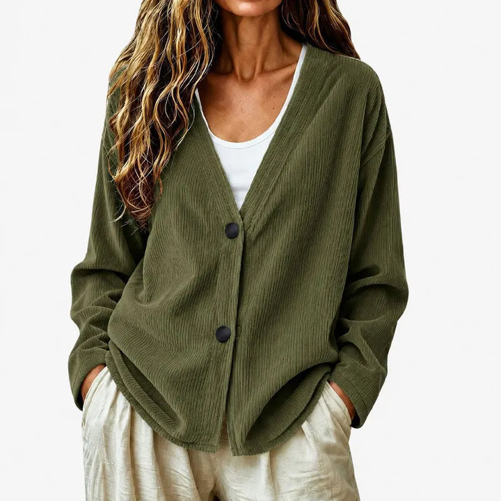 Women's Ribbed Buttoned V-Neck Cardigan, view 6 - Elena Harper