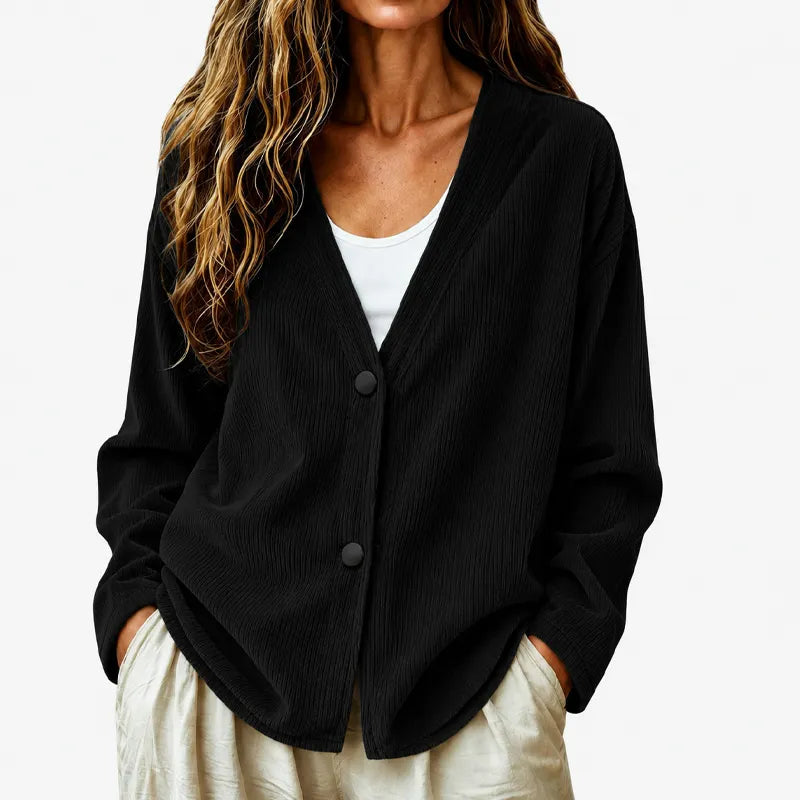Women's Ribbed Buttoned V-Neck Cardigan - Elena Harper