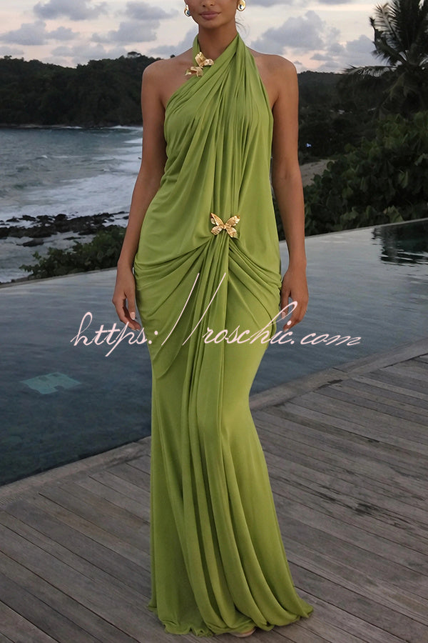 Touch of Drama Mesh Butterfly Metal Clips One Shoulder Backless Maxi Dress, view 7 - Elena Harper