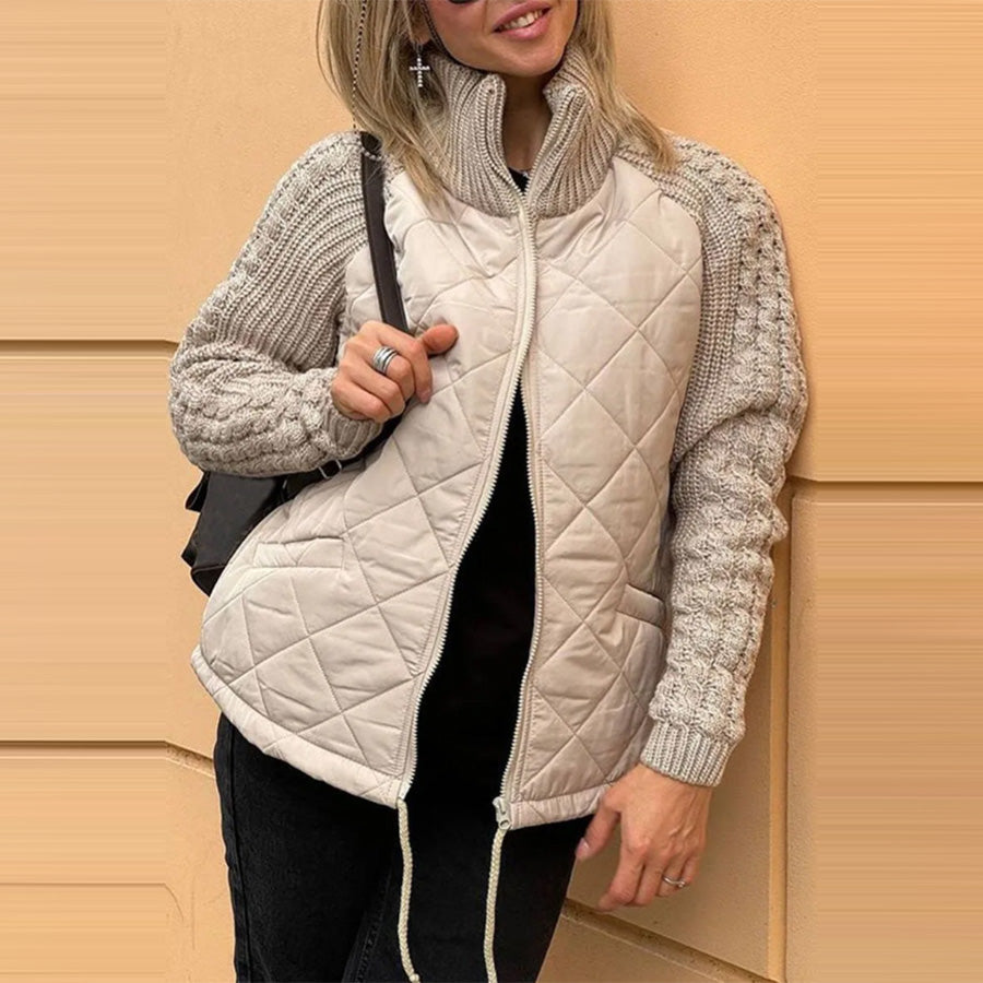 Women’s Padded Jacket with High Collar – Warm Zip-Up Knit Down Jacket