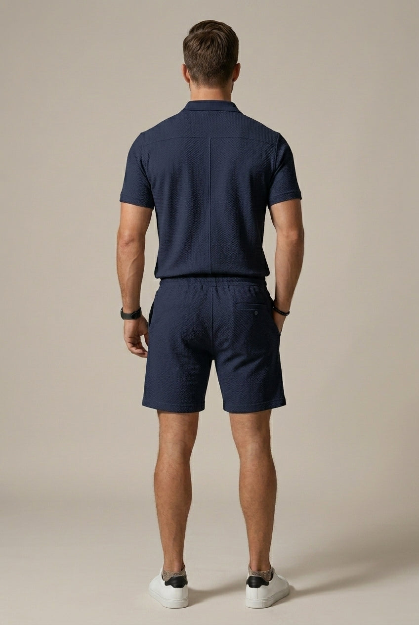 Men's Textured Two-Piece Polo Shirt & Drawstring Shorts Set