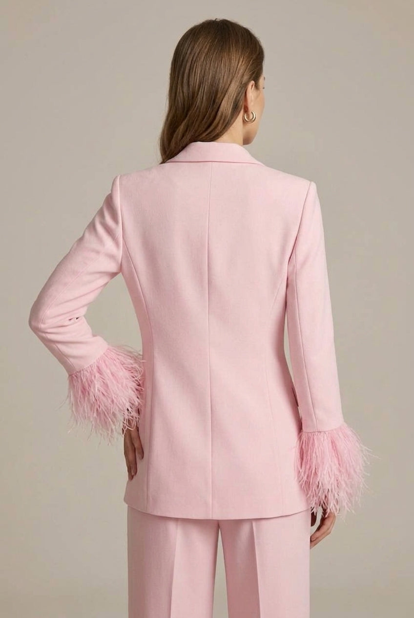 Women's Feather Cuff Blazer & Straight Leg Trousers Set
