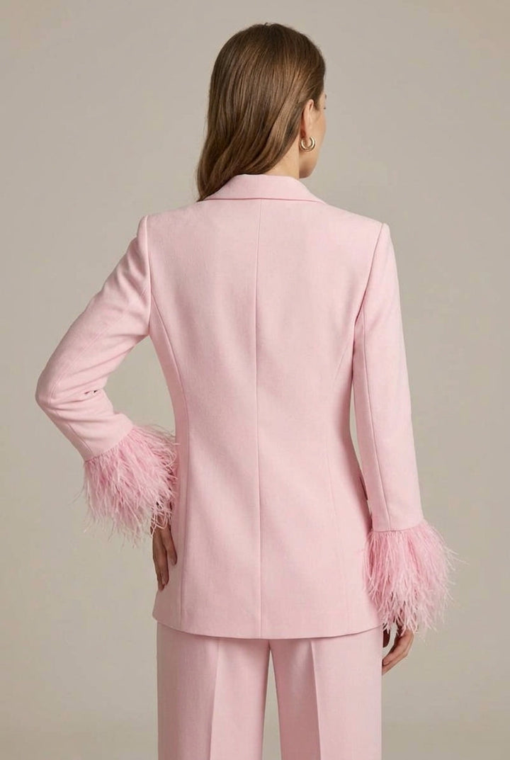 Women's Feather Cuff Blazer & Straight Leg Trousers Set