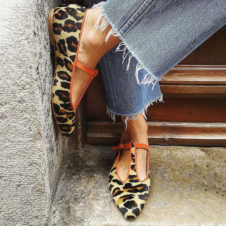 Women's Elegant Leopard Print T-Strap Flats
