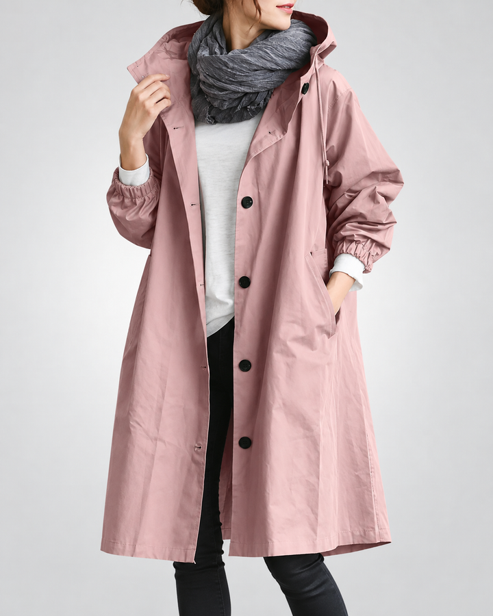 Vina Warm Long Trench Coat with Hood, view 3 - Elena Harper