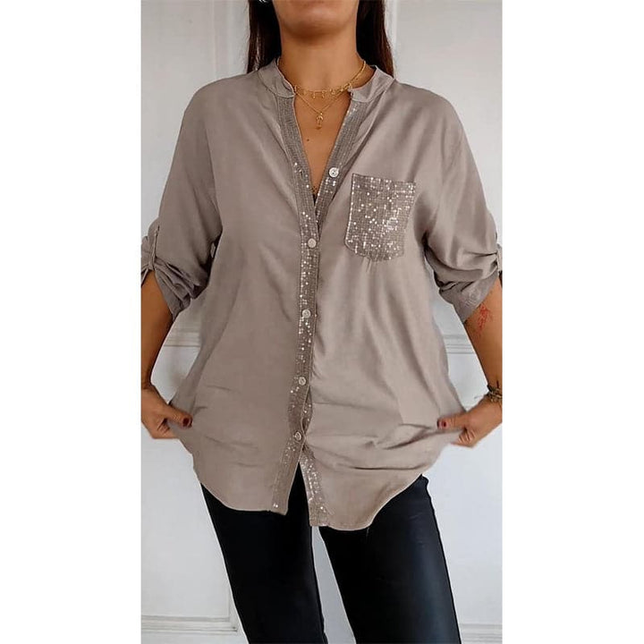 Women's Sequin Trim Button-Up Shirt - Elegant & Versatile