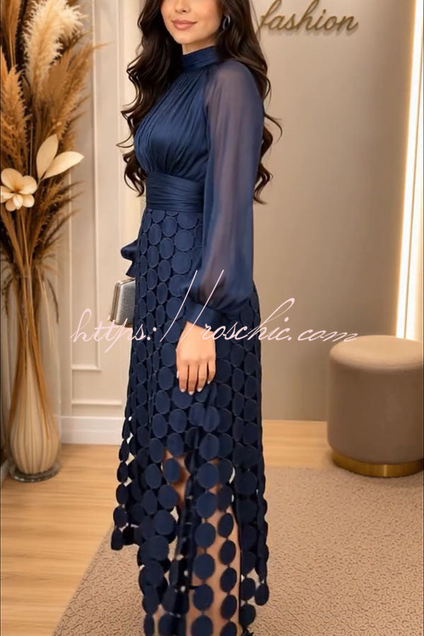 Bella Shiny Sheer Fabric Balloon Sleeve Embroidered Polka Dots Hem Midi Dress, view 9 - Elena Harper