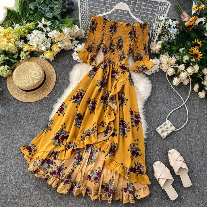 Women’s Midi Dress with Off-Shoulder, Short Sleeves, and Ruffles – Summer Style