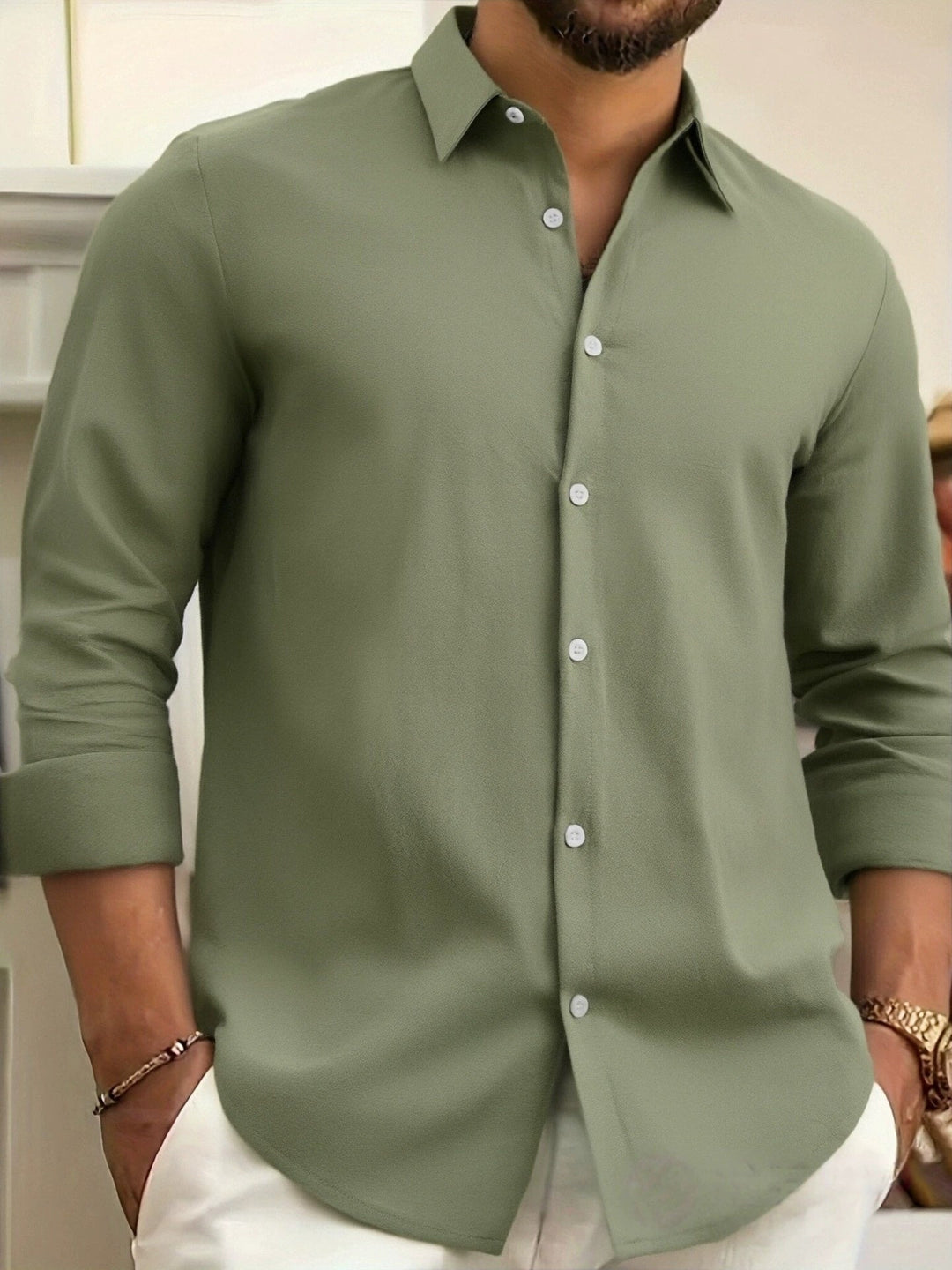 Men's Casual Long Sleeve Shirt in Cotton Blend and Linen Blend – Solid Color