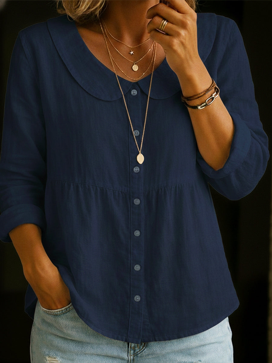 Linen Blouse with Button Closure and Notched Collar for Women