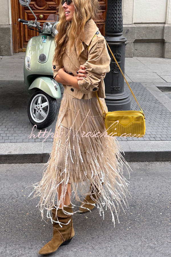 Champagne Party Layered Sequined Tassels Mid Rise Elastic Waist Midi Skirt - Elena Harper