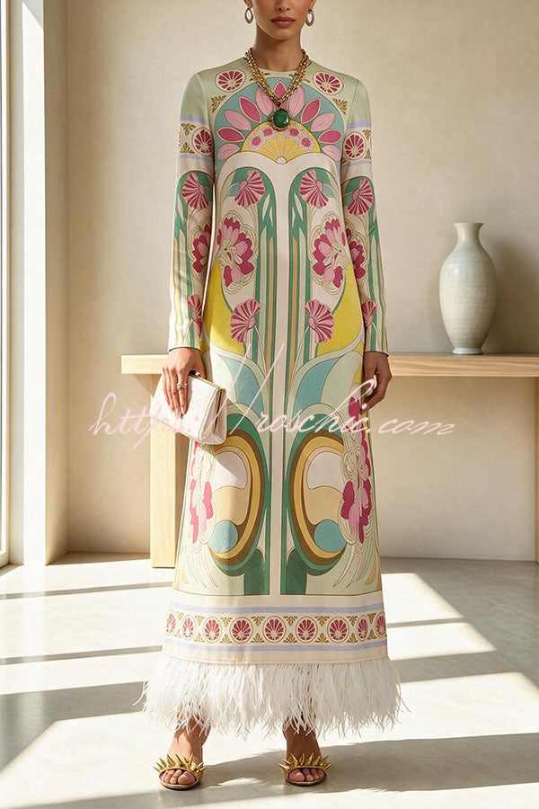 Cecilia Satin Colorful Baroque Style Printed Long Sleeve Feather Trim Maxi Dress (Shipped Within 24 Hours)