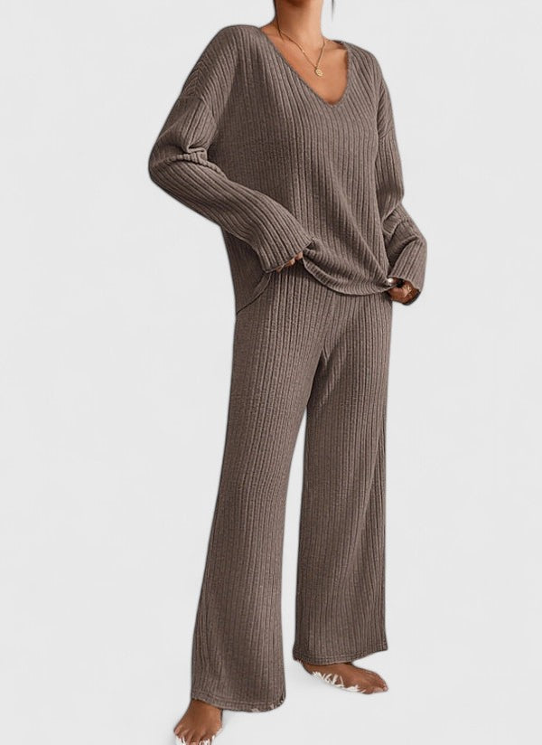 Sabina | Women's Lounge Set with Ribbed Knit and Wide Pants