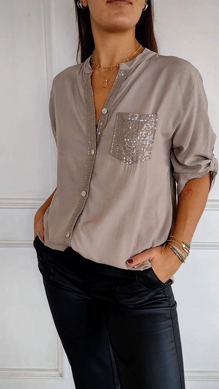 Women's Sequin Trim Button-Up Shirt - Elegant & Versatile