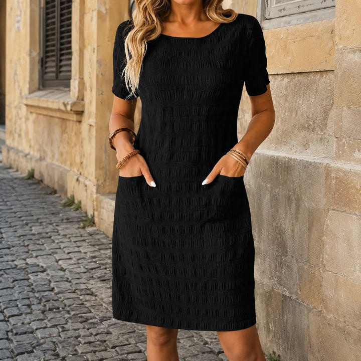 Belvora Textured Stretch Knee Dress with Pockets - Elena Harper