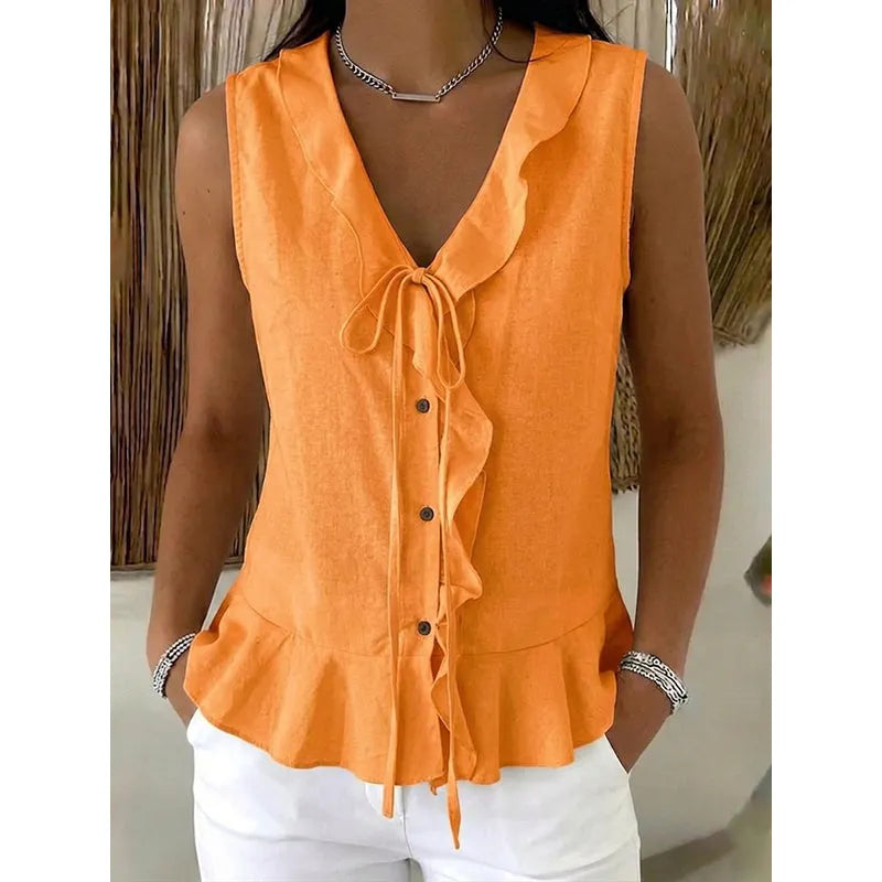 Brigela Airy Cotton Top with Tie and Ruffled Hem, view 6 - Elena Harper