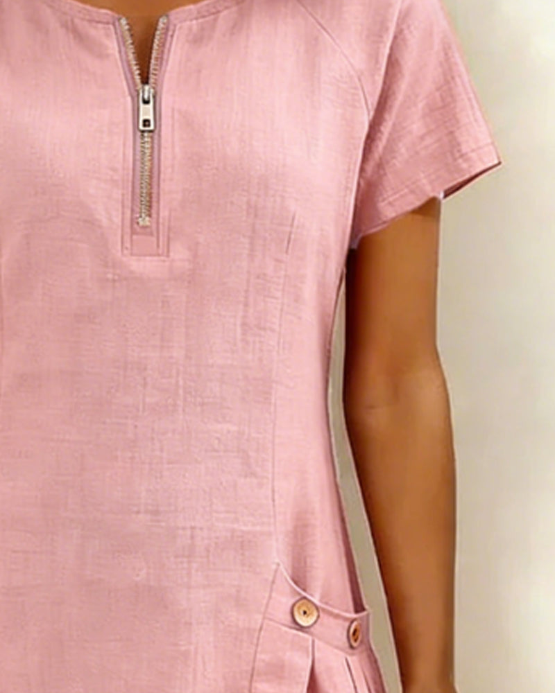 Short Linen and Cotton Dress with Zipper Closure Elegant A-Line Cut - Elena Harper