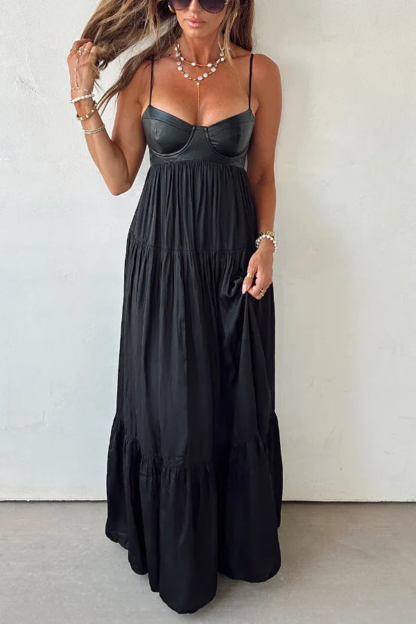 Stylish Leather Patchwork Suspender Casual Vacation Style Maxi Dresses, view 10 - Elena Harper