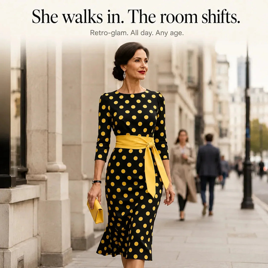 Belora Retro Polka Dot Midi Dress with Belted Waist - Elena Harper