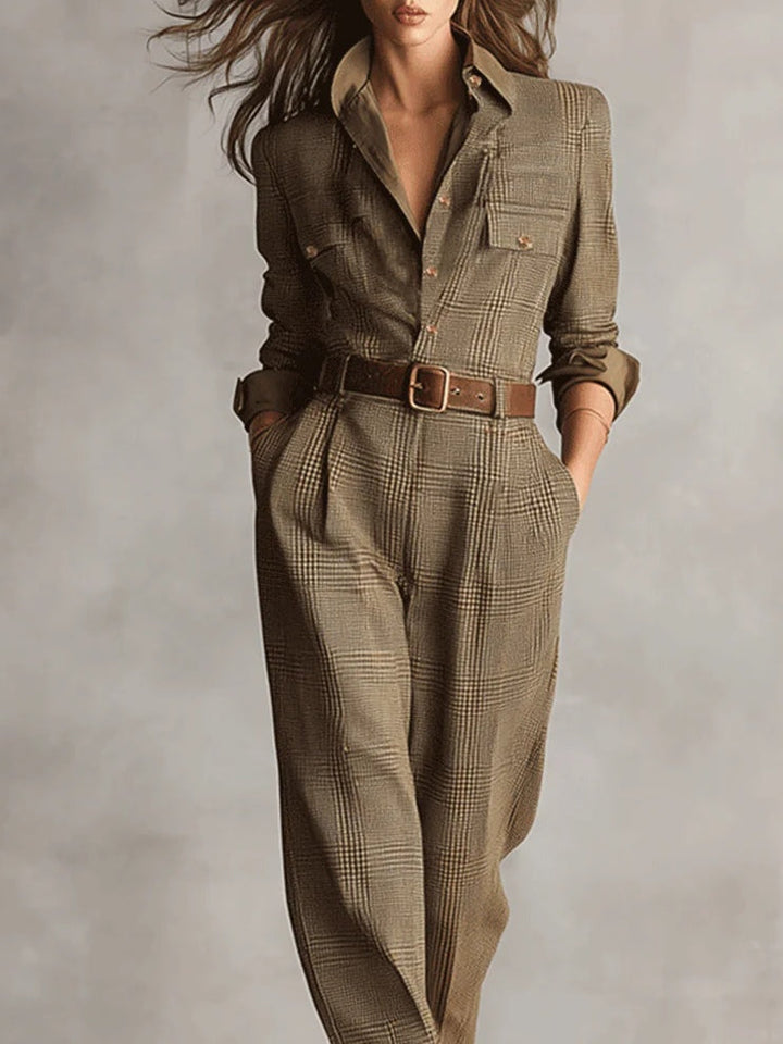 Alessia Brown Tweed Utility Jumpsuit with Refined Pattern - Elena Harper