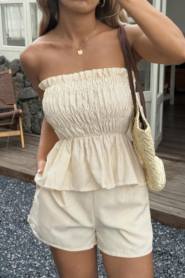 Striped Printed Sleeveless Off-shoulder Ruched Top and Elastic Waist Casual Pocket Shorts Set, view 5 - Elena Harper