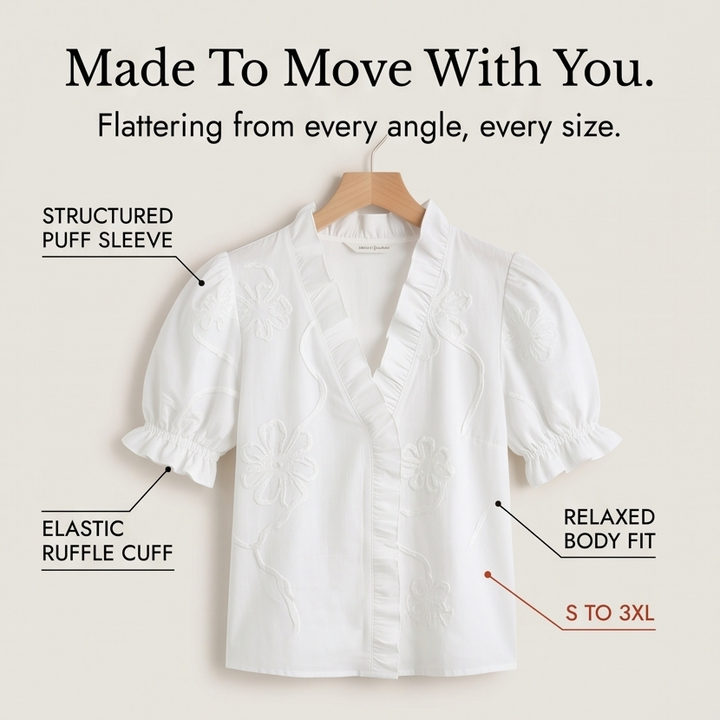 Belvera Romantic Ruffled V-Neck Blouse with Puff Sleeves - Elena Harper
