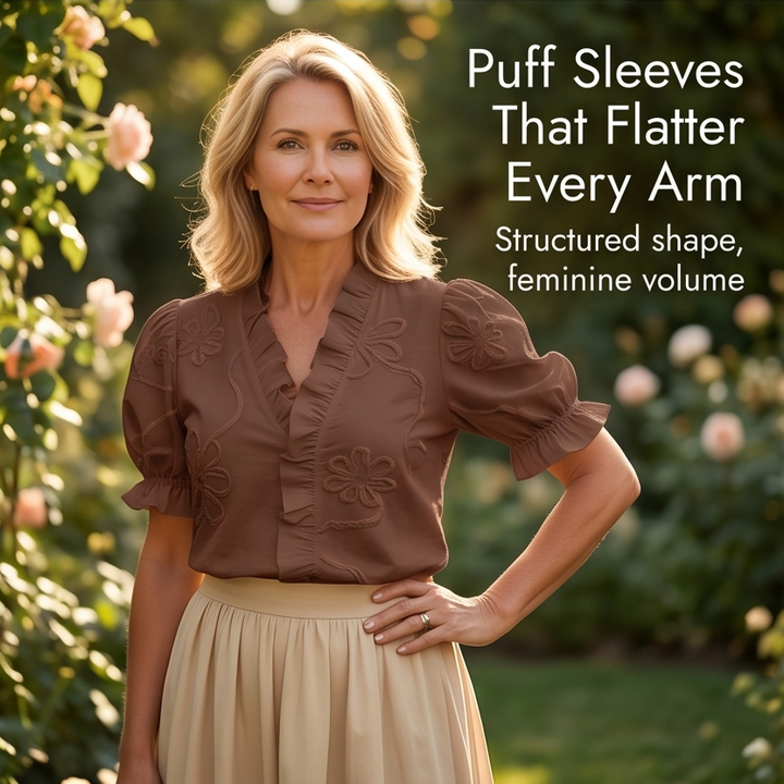 Belvera Romantic Ruffled V-Neck Blouse with Puff Sleeves - Elena Harper