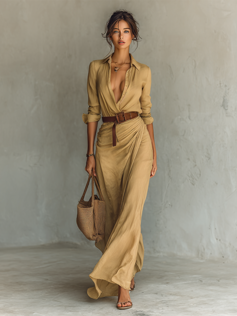 Danielle Elegant Belted Maxi Shirt Dress - Elena Harper
