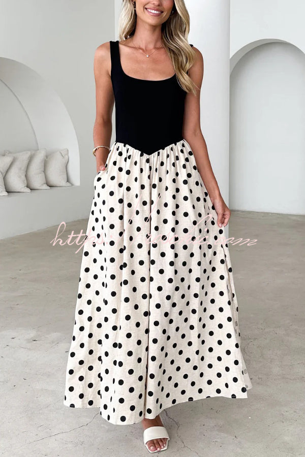 Black and White Color-blocked Polka Dot Print Sleeveless Casual Pocket Maxi Dress - Elena Harper