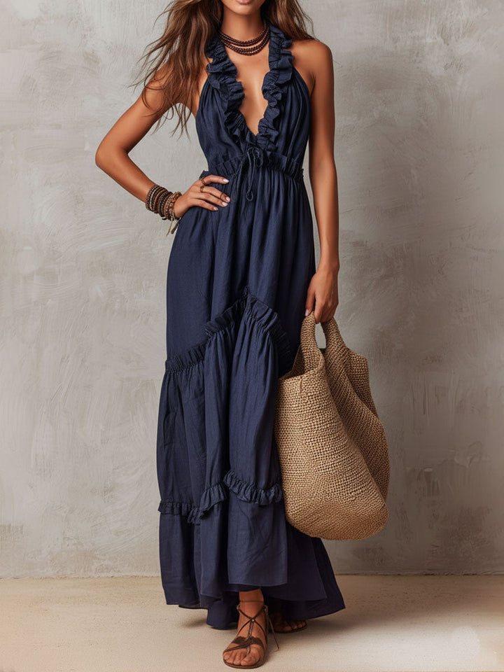 Boho Midnight Blue Ruffled Halter Maxi Dress