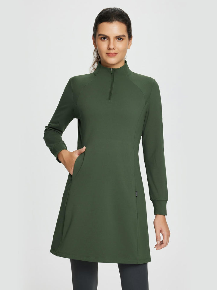 Quarter-Zip Knit Sweater Dress with Pockets