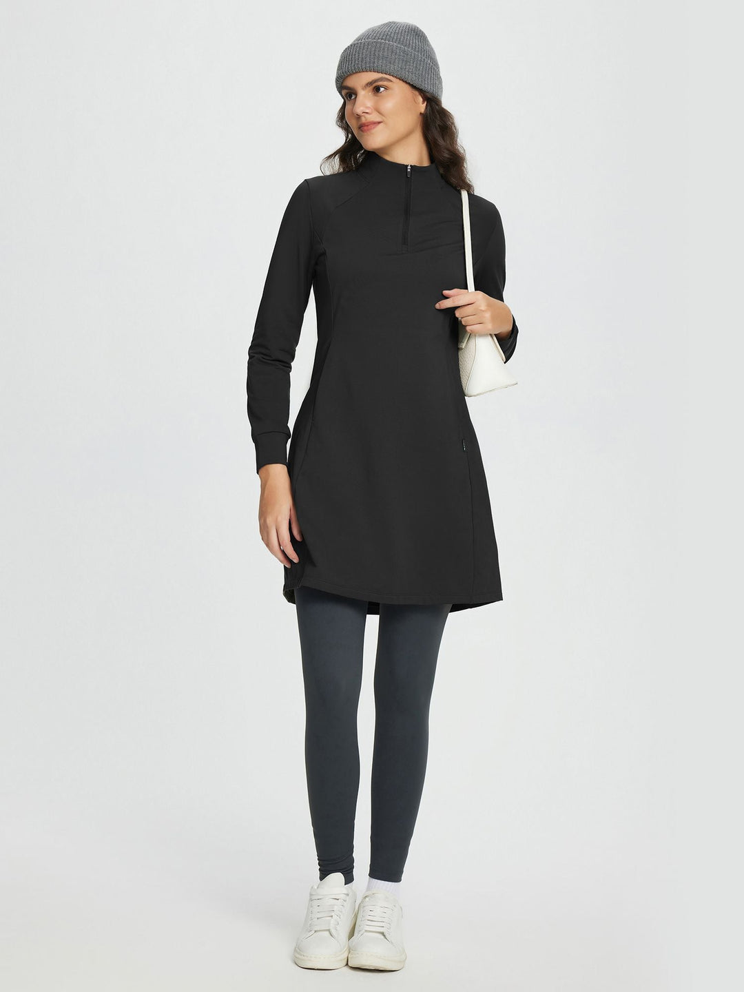 Quarter-Zip Knit Sweater Dress with Pockets