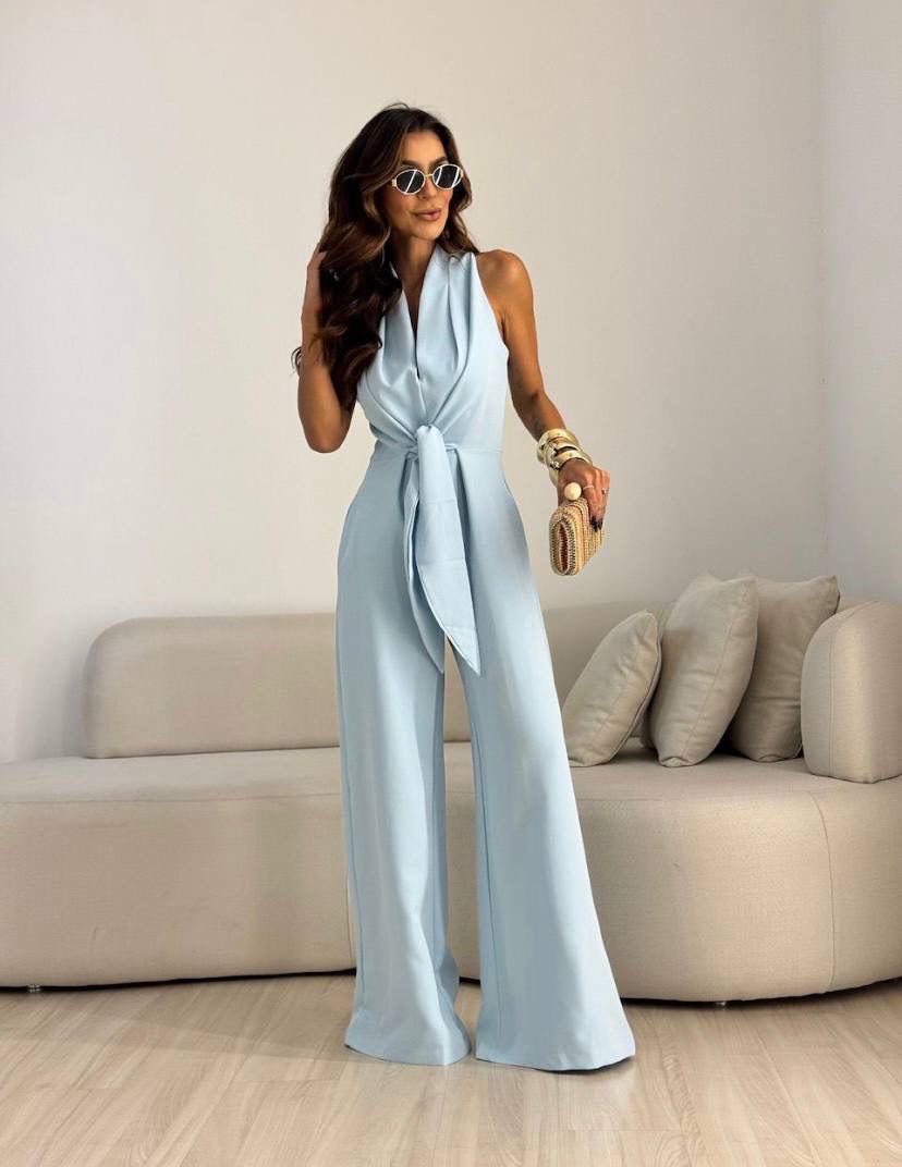 Women's Fluid Jumpsuit with Draped Neckline and Tied Waist - Elegant Cut