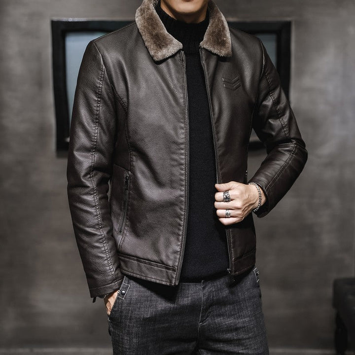 Men's Leather-Look Jacket with Synthetic Fur, Zipped