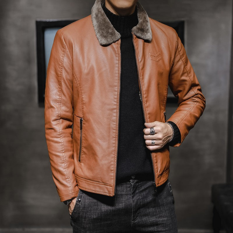 Men's Leather-Look Jacket with Synthetic Fur, Zipped